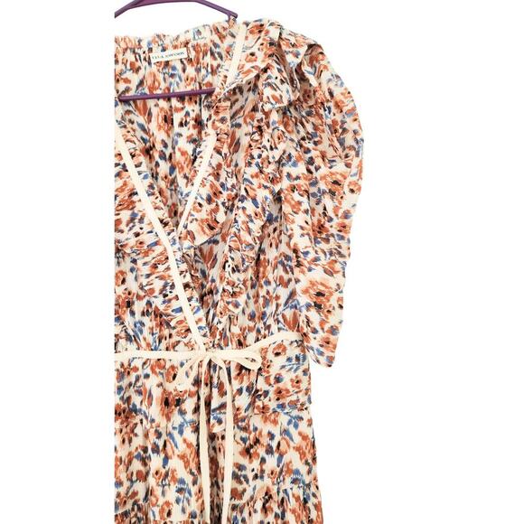 Ulla Johnson Dress Midi Wrap Orange Blue Ruffle Pleated Knit Trim Lisette US 4 - Picture 5 of 13